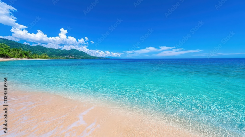 A beautiful beach with a clear blue ocean and a few clouds in the sky A beautiful beach with a clear blue ocean and a few clouds in the sky