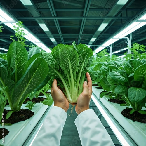 hands inspecting lab-grown vegetables in a futuristic, tech-enabled greenhouse, food innovation, sustainable agriculture, food innovation, sustainable agriculture, hands, lab-grown vegetables, futuris photo