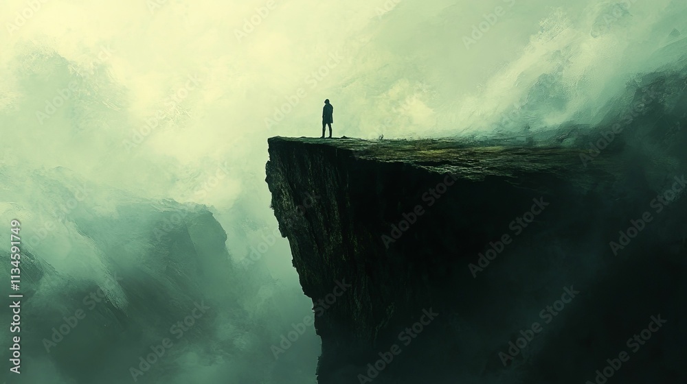 Fototapeta premium Solitary figure on precipice, misty, green landscape.