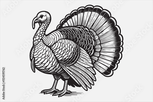 A black and white line art illustration of a turkey standing upright.