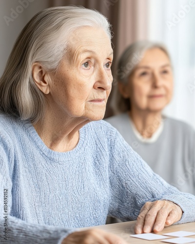 Caregiver Assists Elderly Woman With Memory Exercises Using Flashcards in a Calm Setting photo