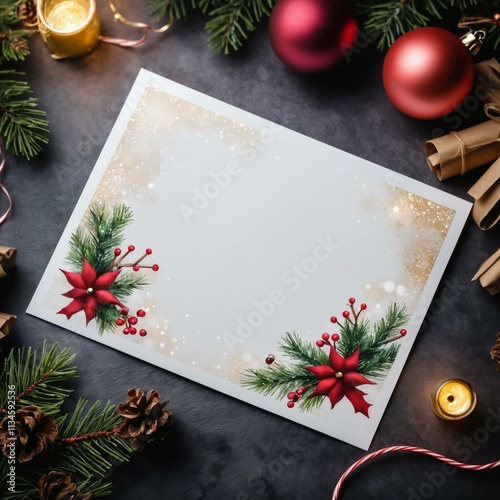 modern christmas greeting card mockup, seasonal greetings, merry christmas and happy new year - blank card flat lay, empty postcard template with space for text
