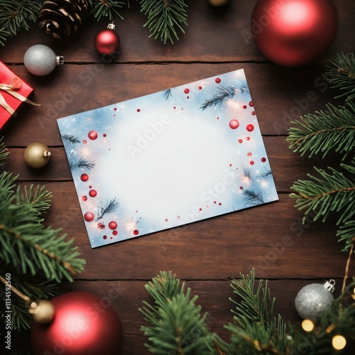 christmas greeting card, seasonal greetings -flat lay on a wooden table with fir branches, empty postcard template with space for text, and decorations in background.