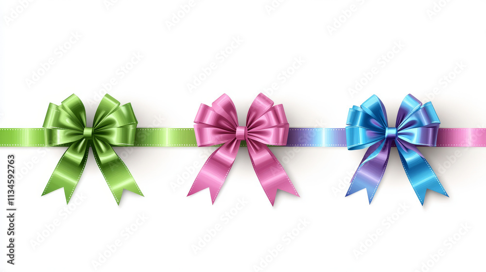 Bows and curly ribbons. Festive elements for wrapping gift box, birthday present or invitation card design, green, blue, pink and purple stripes isolated on white background. Realistic 3d vector set Bows and curly ribbons. Festive elements for wrapping gift box, birthday present or invitation card design, green, blue, pink and purple stripes isolated on white background. Realistic 3d vector set