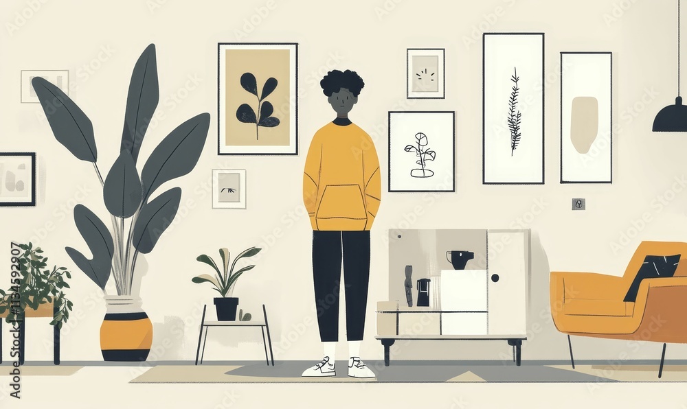 Fototapeta premium Person stands in minimalist room, plants, artwork.