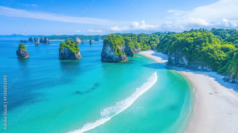 Fototapeta premium A beautiful beach with a blue ocean and a rocky shoreline