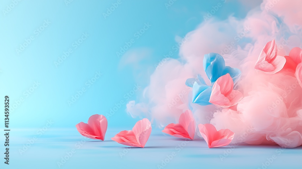 Dreamy valentine's day background with colorful hearts and soft clouds Dreamy valentine's day background with colorful hearts and soft clouds