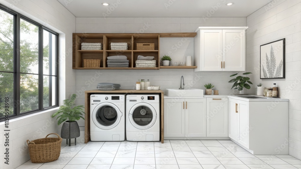 Modern Farmhouse Laundry Room Design White Cabinets, Wooden Shelving, Marble Tile Floor, Washer Dryer Laundry Room Design, Farmhouse Style Modern Farmhouse Laundry Room Design White Cabinets, Wooden Shelving, Marble Tile Floor, Washer Dryer Laundry Room Design, Farmhouse Style