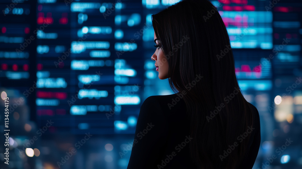 businesswoman observing market trends in modern office businesswoman observing market trends in modern office