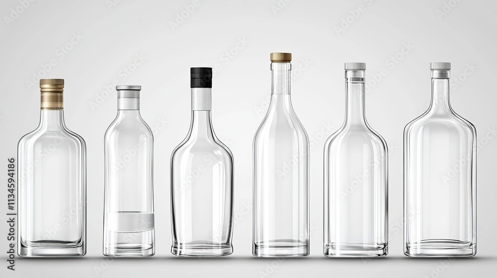 Vodka and liquor glass bottles realistic vector illustration. Empty clear alcohol packaging, unlabeled closed containers of various shapes isolated on transparent white background, mockup Vodka and liquor glass bottles realistic vector illustration. Empty clear alcohol packaging, unlabeled closed containers of various shapes isolated on transparent white background, mockup