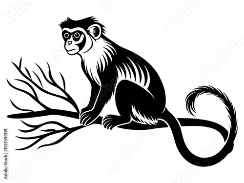 Capuchin monkey vector silhouette on white background. A gibbon on a white background. Wild Animals. Monkey silhouettes isolated. Capuchin monkey and chimpanzee hanging.