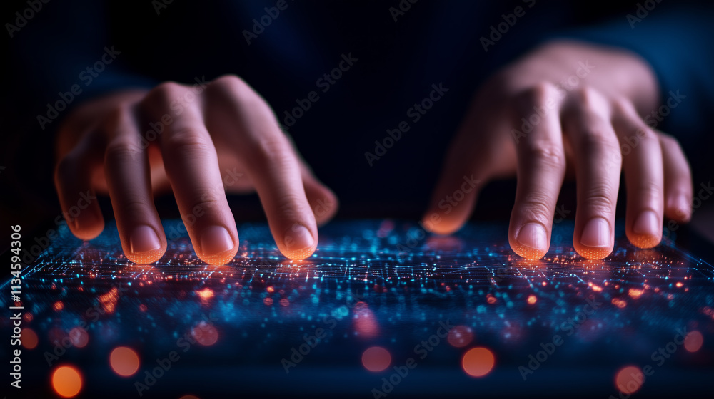 Close up of hands on tablet with digital graphs and symbols Close up of hands on tablet with digital graphs and symbols