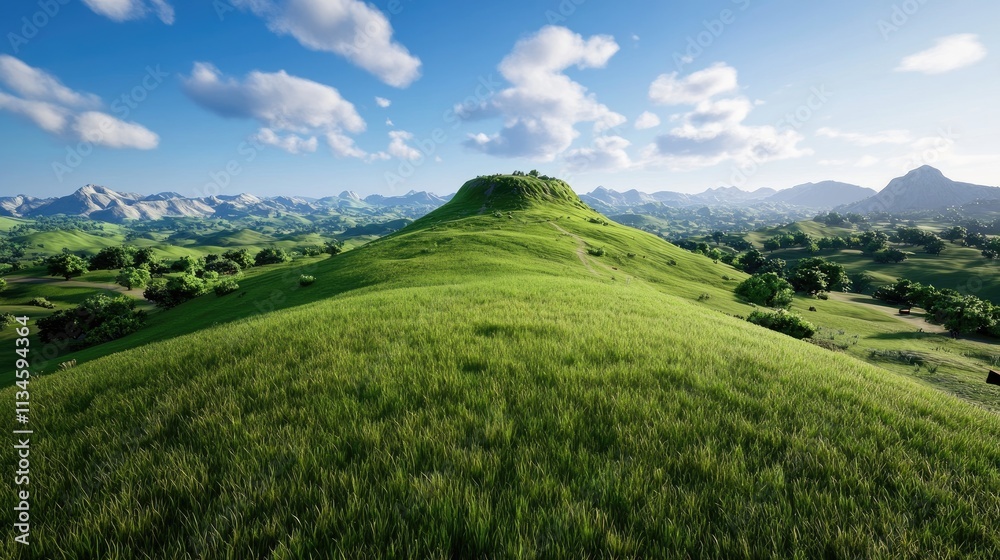 Stunning Green Hill Landscape with Blue Sky and Fluffy Clouds in a Serene Countryside Setting Stunning Green Hill Landscape with Blue Sky and Fluffy Clouds in a Serene Countryside Setting