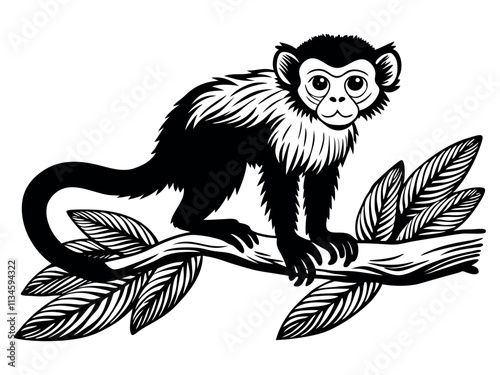 Capuchin monkey vector silhouette on white background. A gibbon on a white background. Wild Animals. Monkey silhouettes isolated. Capuchin monkey and chimpanzee hanging.