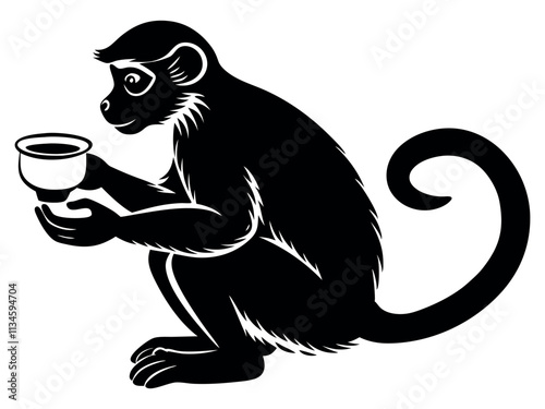 Capuchin monkey vector silhouette on white background. A gibbon on a white background. Wild Animals. Monkey silhouettes isolated. Capuchin monkey and chimpanzee hanging.