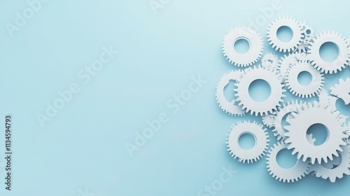 An abstract design with a cluster of interconnected white gears positioned on a pale blue background. 