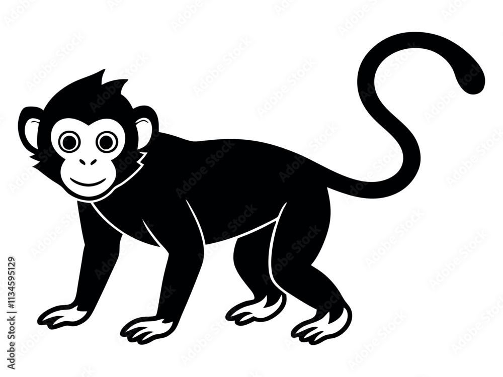 Obraz premium Capuchin monkey vector silhouette on white background. A gibbon on a white background. Wild Animals. Monkey silhouettes isolated. Capuchin monkey and chimpanzee hanging.