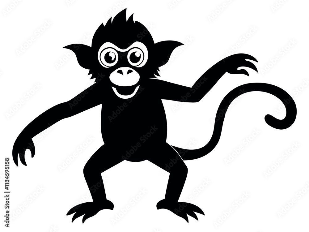 Naklejka premium Capuchin monkey vector silhouette on white background. A gibbon on a white background. Wild Animals. Monkey silhouettes isolated. Capuchin monkey and chimpanzee hanging.