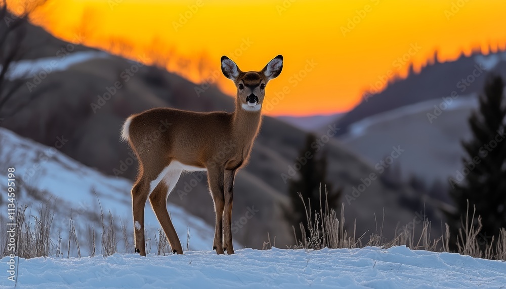 Fototapeta premium White-Tailed Deer at Sunset in a Snowy Winter Landscape, Canadian Rockies, Wildlife Photography