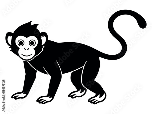 Capuchin monkey vector silhouette on white background. A gibbon on a white background. Wild Animals. Monkey silhouettes isolated. Capuchin monkey and chimpanzee hanging.