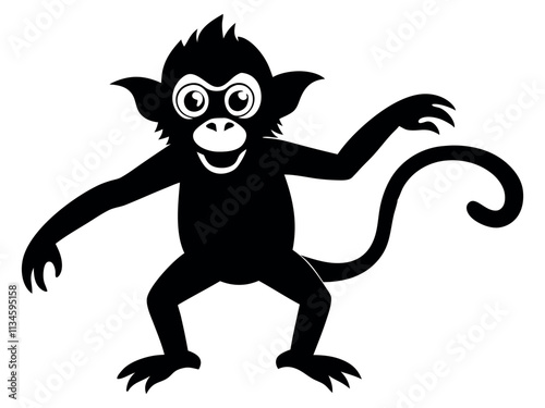 Capuchin monkey vector silhouette on white background. A gibbon on a white background. Wild Animals. Monkey silhouettes isolated. Capuchin monkey and chimpanzee hanging.