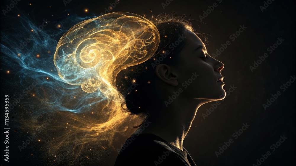Obraz premium Cosmic Mind Profile Portrait with Energetic Brainwave Composition, Abstract, Digital Art, Woman, Imagination Mindfulness, Consciousness