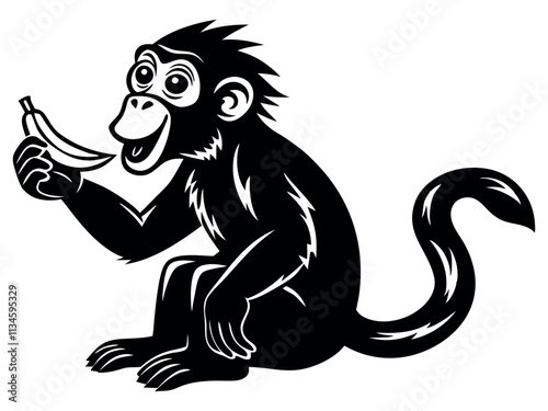 Capuchin monkey vector silhouette on white background. A gibbon on a white background. Wild Animals. Monkey silhouettes isolated. Capuchin monkey and chimpanzee hanging.