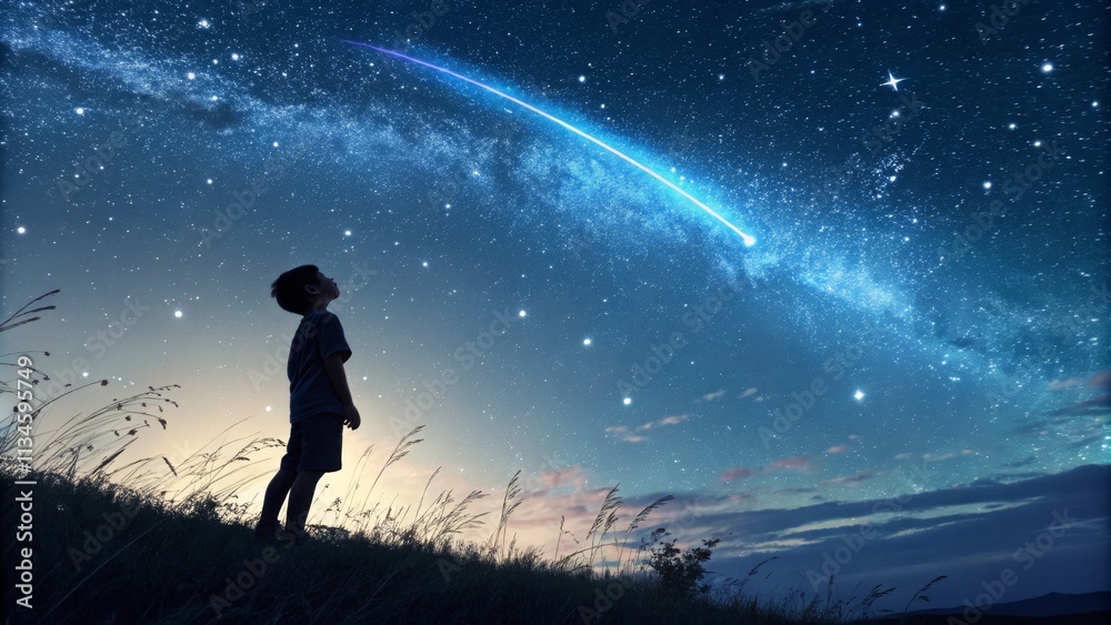 Fototapeta premium Boy Gazing at Shooting Star and Milky Way Night Sky, Silhouette Composition, Astronomy Photography, Child Wonder, space, night space, child