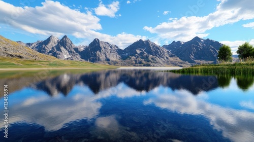 Stunning Mountain Landscape with Clear Blue Sky and Reflective Lake in Serene Natural Setting