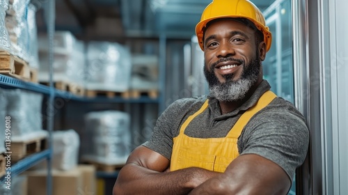 A cheerful worker standing confidently in a warehouse setting, wearing a yellow hard hat and overalls, with crossed arms and a friendly smile, exuding happiness. photo