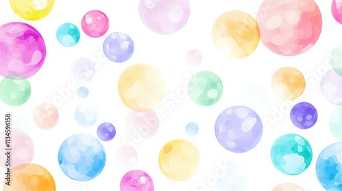 Colorful, transparent bubble background vector illustration. The background is white, with colorful, cartoon-style, cute, pastel-colored bubbles. 