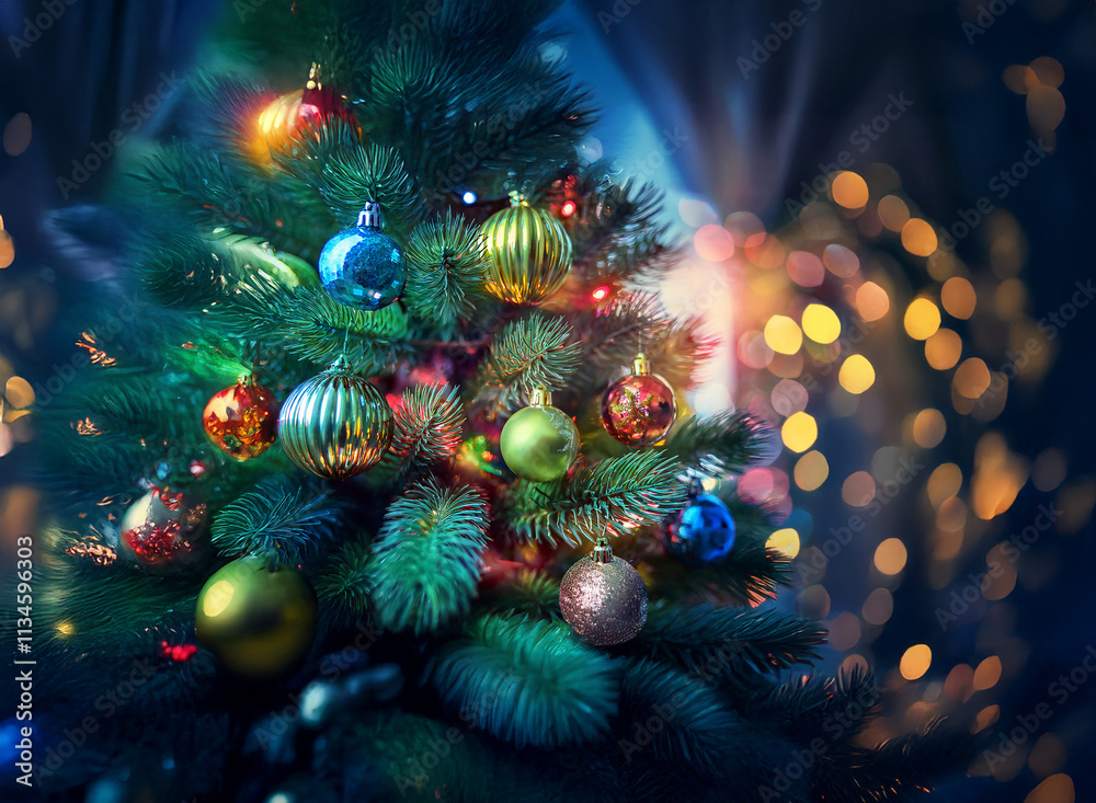 Fototapeta premium A beautifully decorated Christmas tree sparkles with colorful ornaments and warm lights, creating a festive atmosphere. The bokeh effect in the background adds to the magical ambiance of the scene.