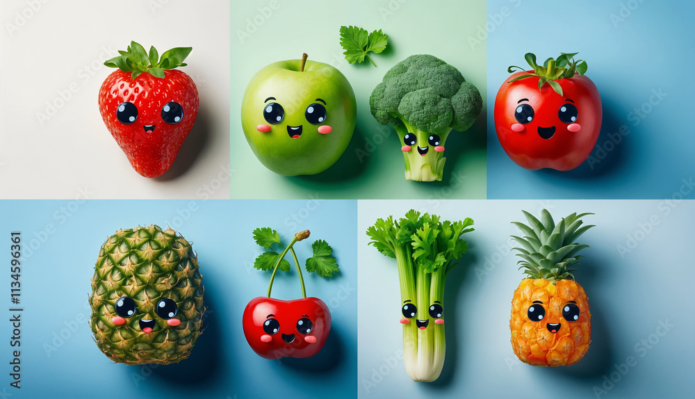 A collection of adorable, anthropomorphic fruits and vegetables with cheerful expressions on colorful backgrounds