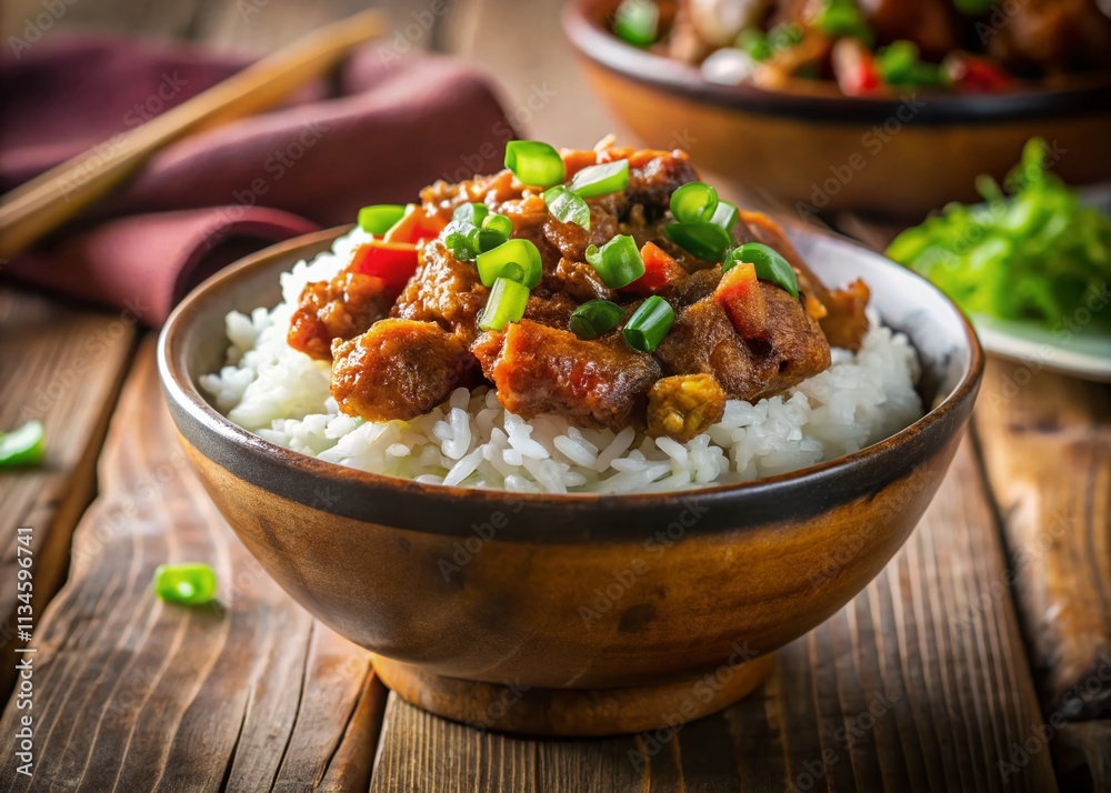 A Close-Up Tilt-Shift Photograph of a Bowl Filled with Seasoned Fried Meat and Rice, Showcasing the Textures and Colors of Delicious Ingredients for Culinary Enthusiasts A Close-Up Tilt-Shift Photograph of a Bowl Filled with Seasoned Fried Meat and Rice, Showcasing the Textures and Colors of Delicious Ingredients for Culinary Enthusiasts