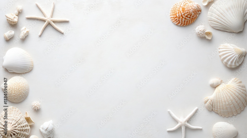 A white background with a variety of shells and starfish A white background with a variety of shells and starfish