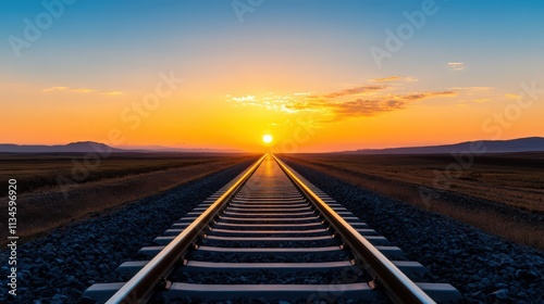 A train track with a sunset in the background