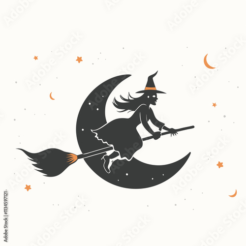 silhouette of a witch flying on a broomstick, with her hair flying and a pointed hat, and a bat in the sky nearby on a white background