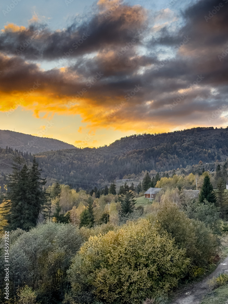 Obraz premium The landscape of Carpathian Mountains in the sunny weather. Perfect weather condition in the autumn season