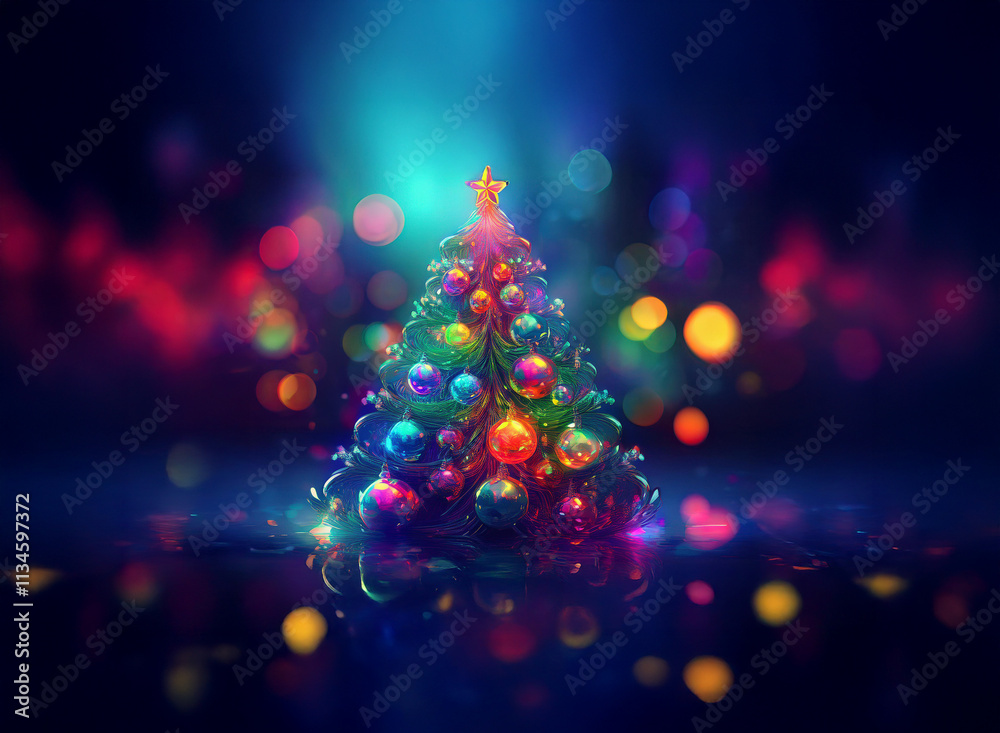 A vibrant, colorful Christmas tree gleams with iridescent ornaments, reflecting in a dark, shimmering surface.  Surrounding bokeh lights add to the festive, magical ambiance.
