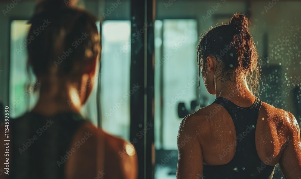 Sweaty women, post-workout, gym setting. Sweaty women, post-workout, gym setting.