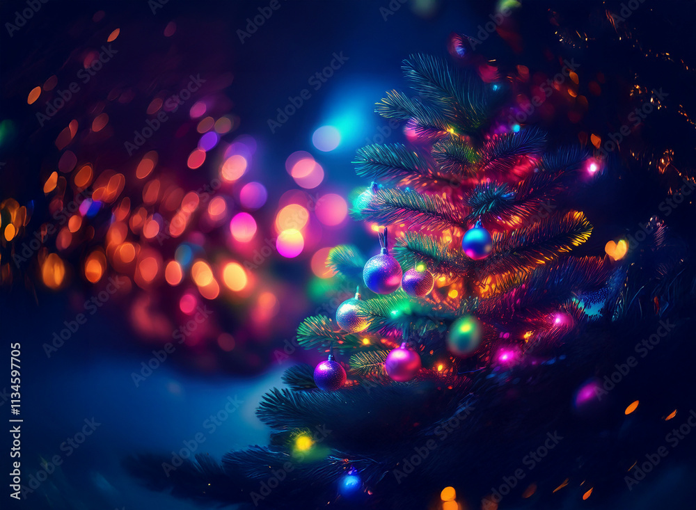 A vibrant Christmas tree glows with multicolored lights and ornaments against a bokeh background of blurred lights. The scene is dark and moody, yet festive and magical. A vibrant Christmas tree glows with multicolored lights and ornaments against a bokeh background of blurred lights. The scene is dark and moody, yet festive and magical.