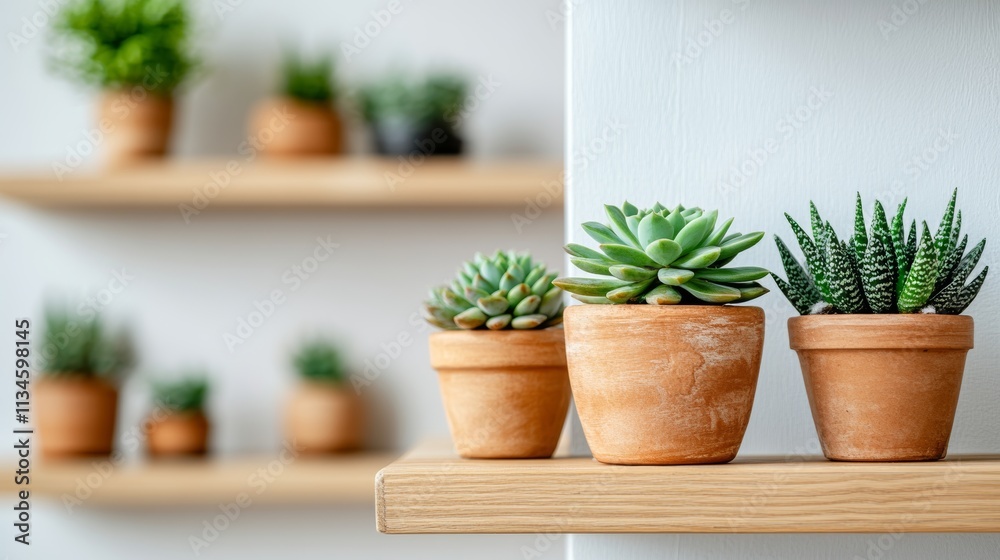 Green Succulent House Plants in Terracotta Pots on Wooden Shelves, Minimalist Home Decor Green Succulent House Plants in Terracotta Pots on Wooden Shelves, Minimalist Home Decor