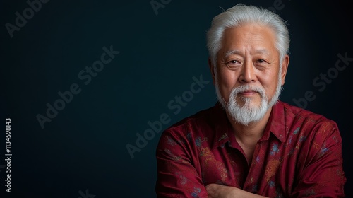 An elegant portrait of an elderly man sporting a white beard and hair, wearing a red shirt that suggests charm, grace, and life experience, filled with wisdom and warmth. photo