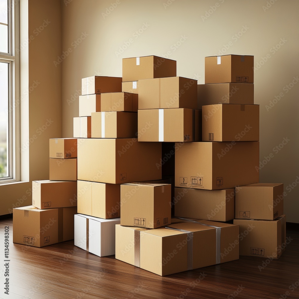 Stacked Cardboard Boxes in a Sunlit Room Stacked Cardboard Boxes in a Sunlit Room