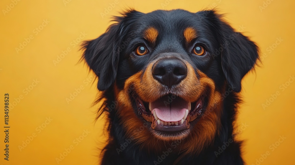 Happy black and tan dog portrait against a vibrant yellow background. Happy black and tan dog portrait against a vibrant yellow background.