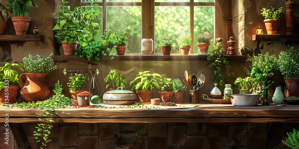 Rustic Kitchen Counter with Potted Herbs and Cooking Utensils Rustic Kitchen Counter with Potted Herbs and Cooking Utensils