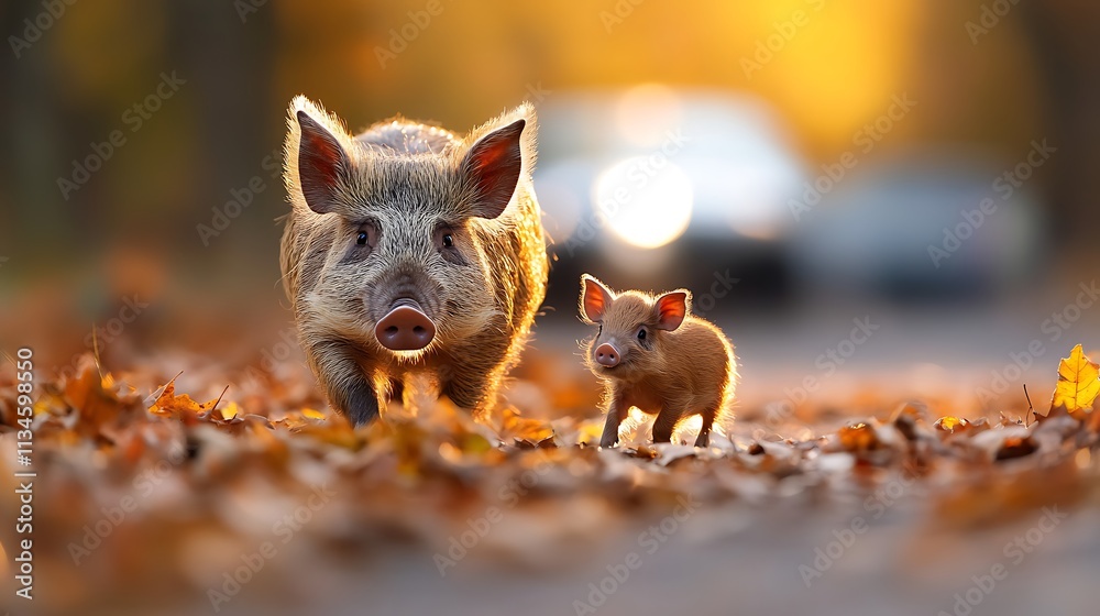 A Mother Pig and Her Adorable Piglet Walking Along a Leaf-Covered Path During a Beautiful Autumn Day in Soft Golden Light A Mother Pig and Her Adorable Piglet Walking Along a Leaf-Covered Path During a Beautiful Autumn Day in Soft Golden Light