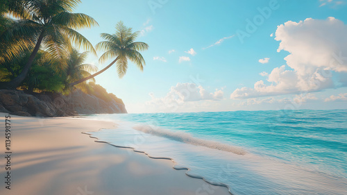 Seascape featuring palm trees, sandy beach, and a calm sea lagoon with a peaceful atmosphere