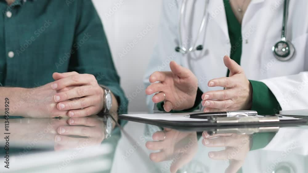 Doctor using hand gestures to explain diagnosis to patient during medical consultation, providing support and guidance for healthcare decisions Doctor using hand gestures to explain diagnosis to patient during medical consultation, providing support and guidance for healthcare decisions