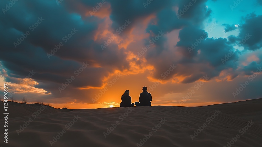 Fototapeta premium Couple Silhouetted Against Desert Sunset Sky